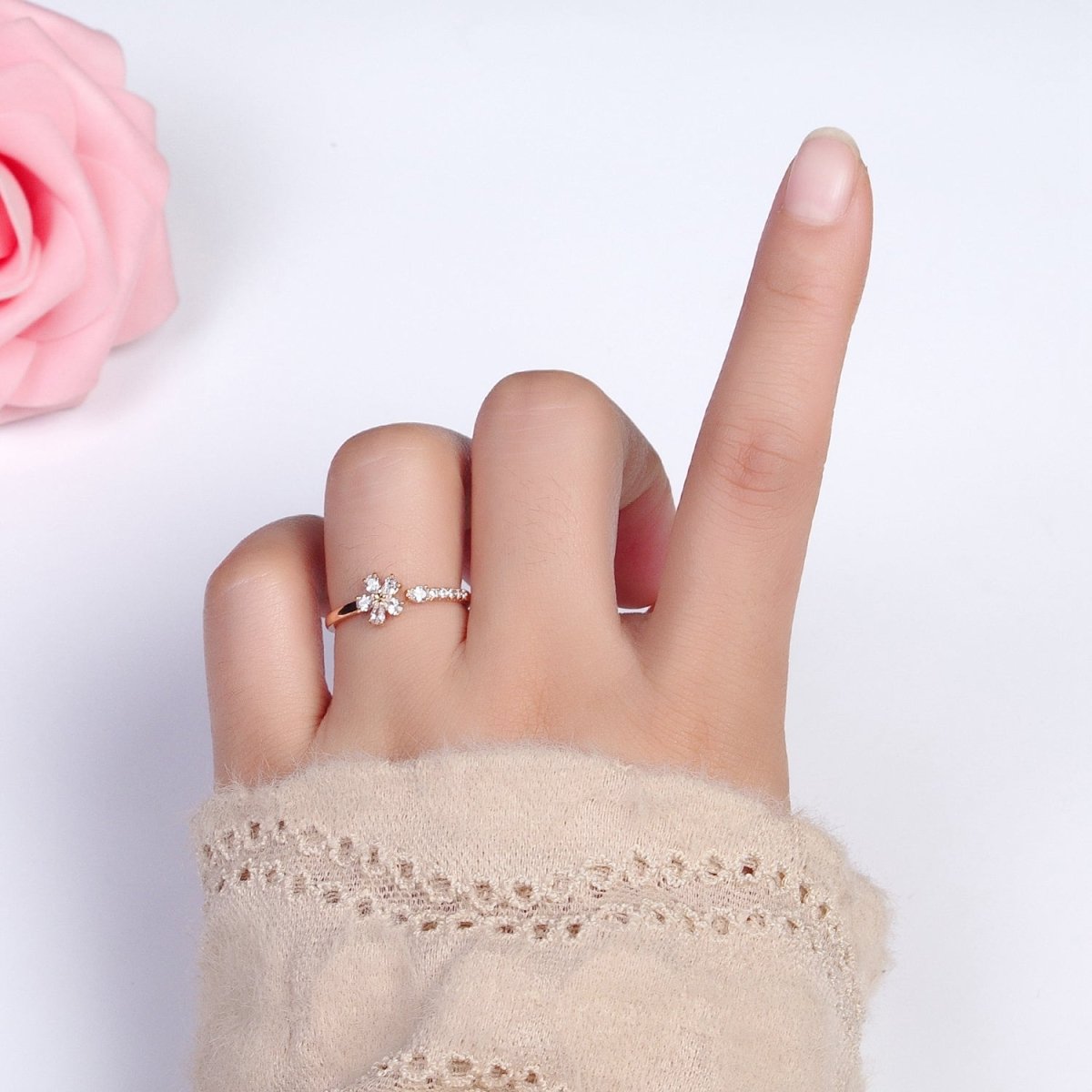 18K Gold Filled Clear Flower Teardrop CZ Micro Paved Adjustable Ring | R-102