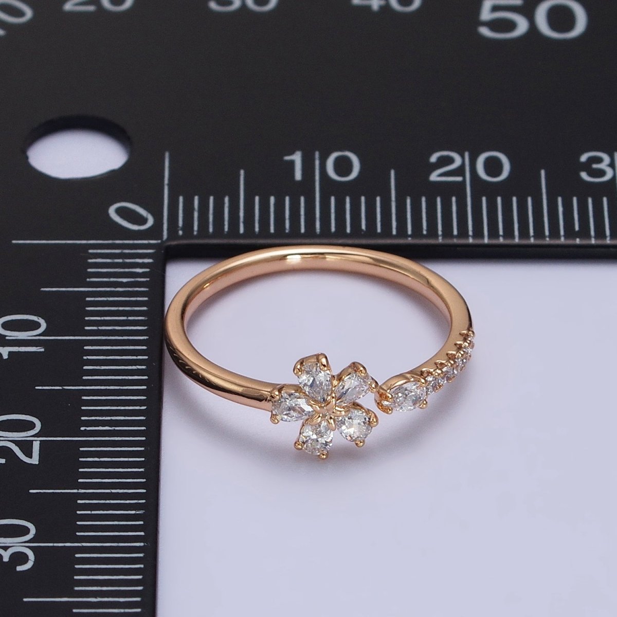 18K Gold Filled Clear Flower Teardrop CZ Micro Paved Adjustable Ring | R-102