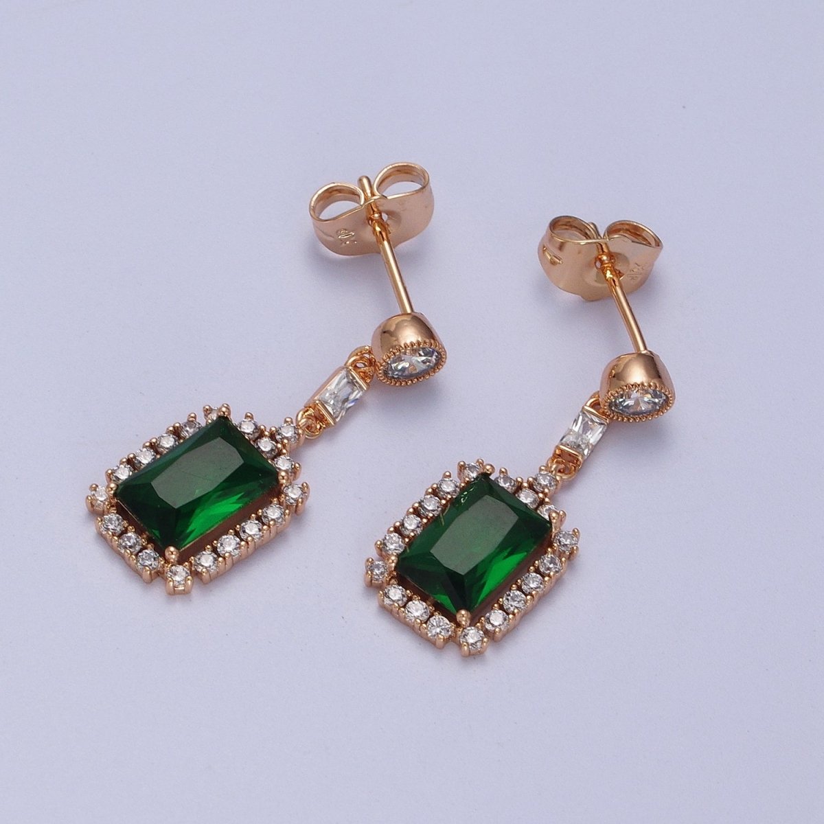18K Gold Filled Clear, Green CZ Baguette Drop Round Stud Dangle Earrings | V-012