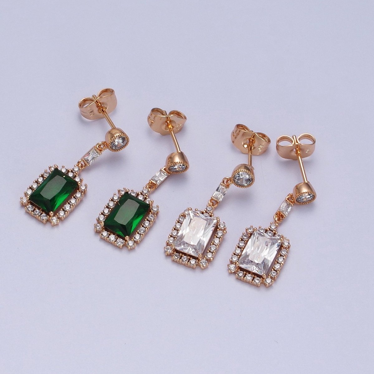 18K Gold Filled Clear, Green CZ Baguette Drop Round Stud Dangle Earrings | V-012
