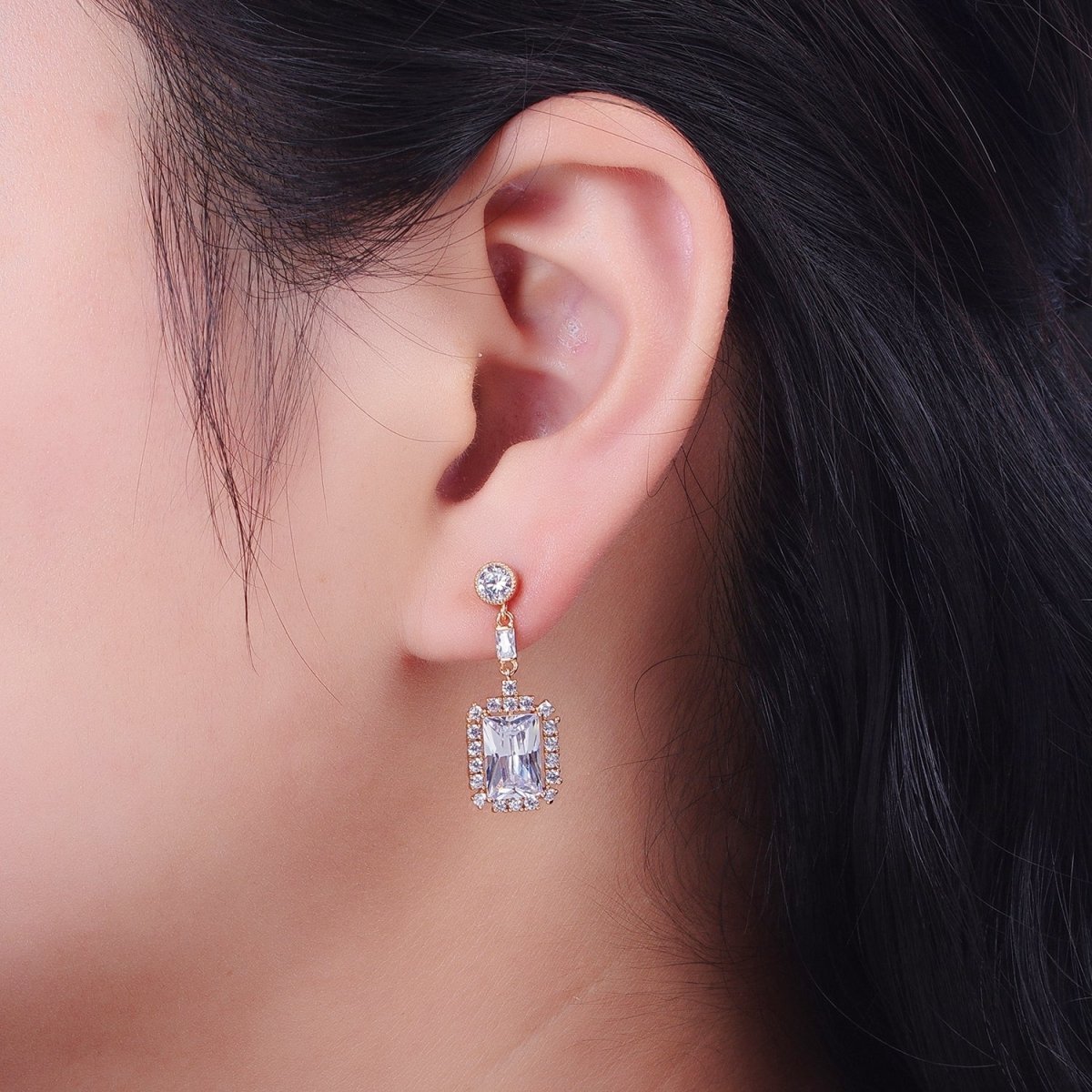 18K Gold Filled Clear, Green CZ Baguette Drop Round Stud Dangle Earrings | V-012