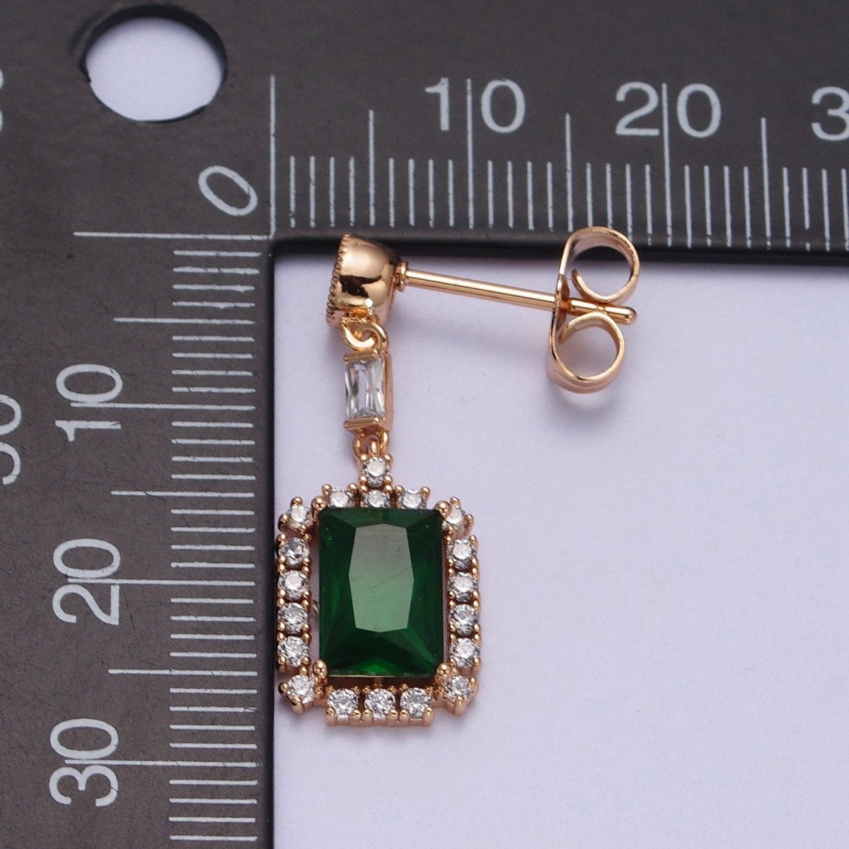 18K Gold Filled Clear, Green CZ Baguette Drop Round Stud Dangle Earrings | V-012