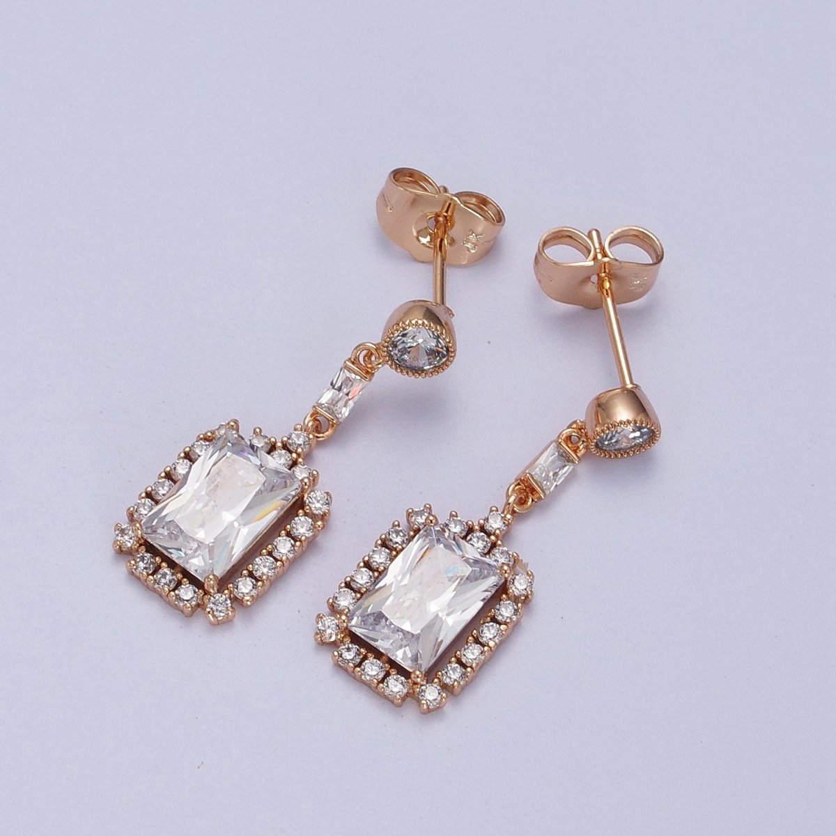 18K Gold Filled Clear, Green CZ Baguette Drop Round Stud Dangle Earrings | V-012