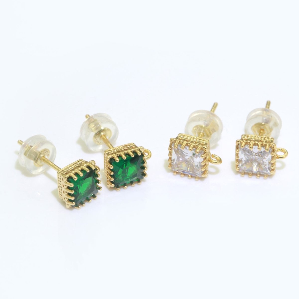 18K Gold Filled Clear / Green Square Cubic Zirconia  Stud Drop Open Loop Earrings Supply L-491 L-492