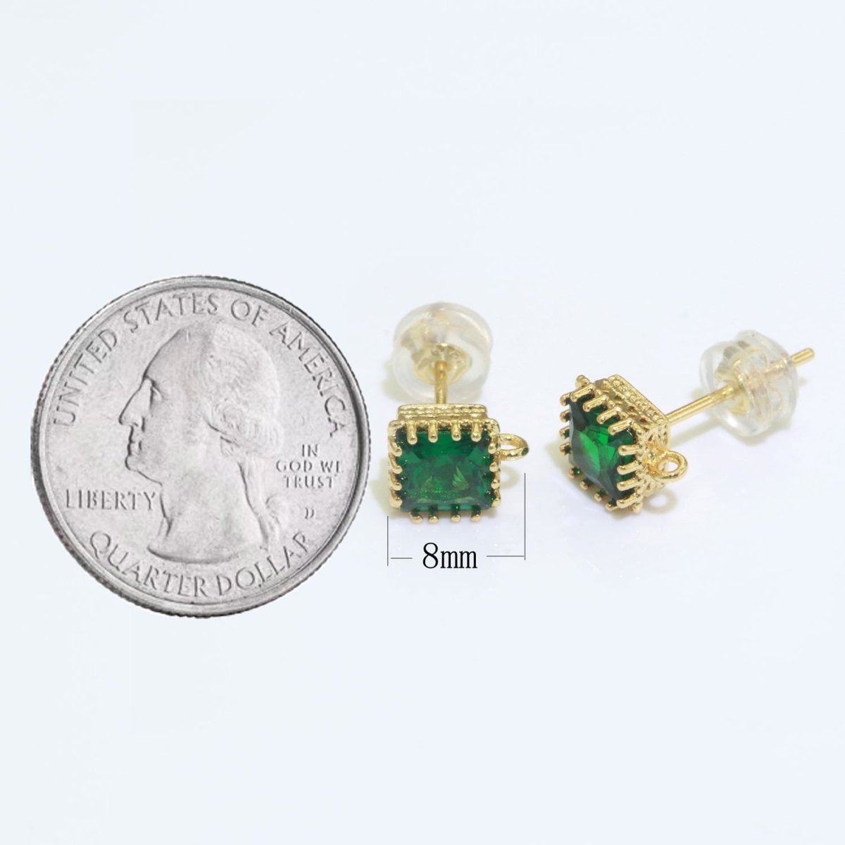 18K Gold Filled Clear / Green Square Cubic Zirconia  Stud Drop Open Loop Earrings Supply L-491 L-492