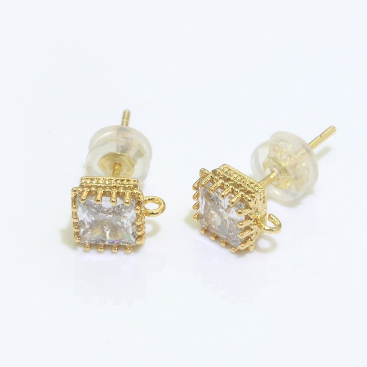 18K Gold Filled Clear / Green Square Cubic Zirconia  Stud Drop Open Loop Earrings Supply L-491 L-492