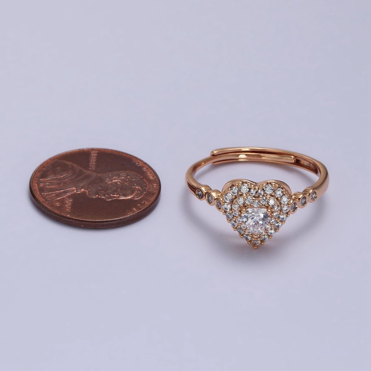 18K Gold Filled Clear Heart Micro Paved Round CZ Adjustable Ring | R-083