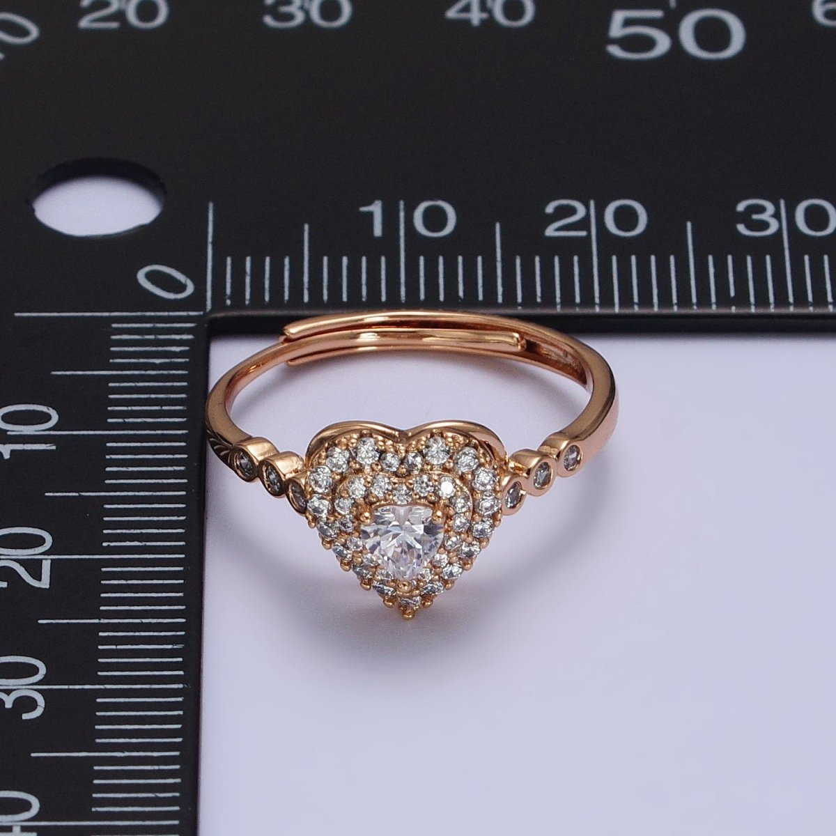 18K Gold Filled Clear Heart Micro Paved Round CZ Adjustable Ring | R-083