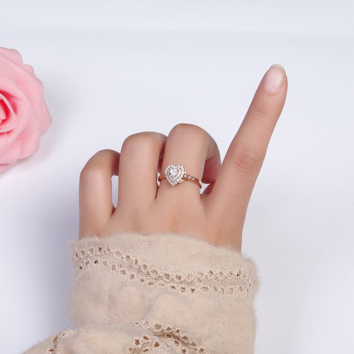 18K Gold Filled Clear Heart Micro Paved Round CZ Adjustable Ring | R-083