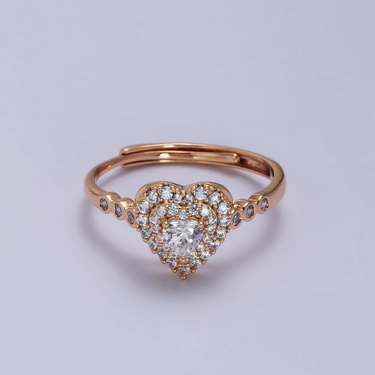 18K Gold Filled Clear Heart Micro Paved Round CZ Adjustable Ring | R-083