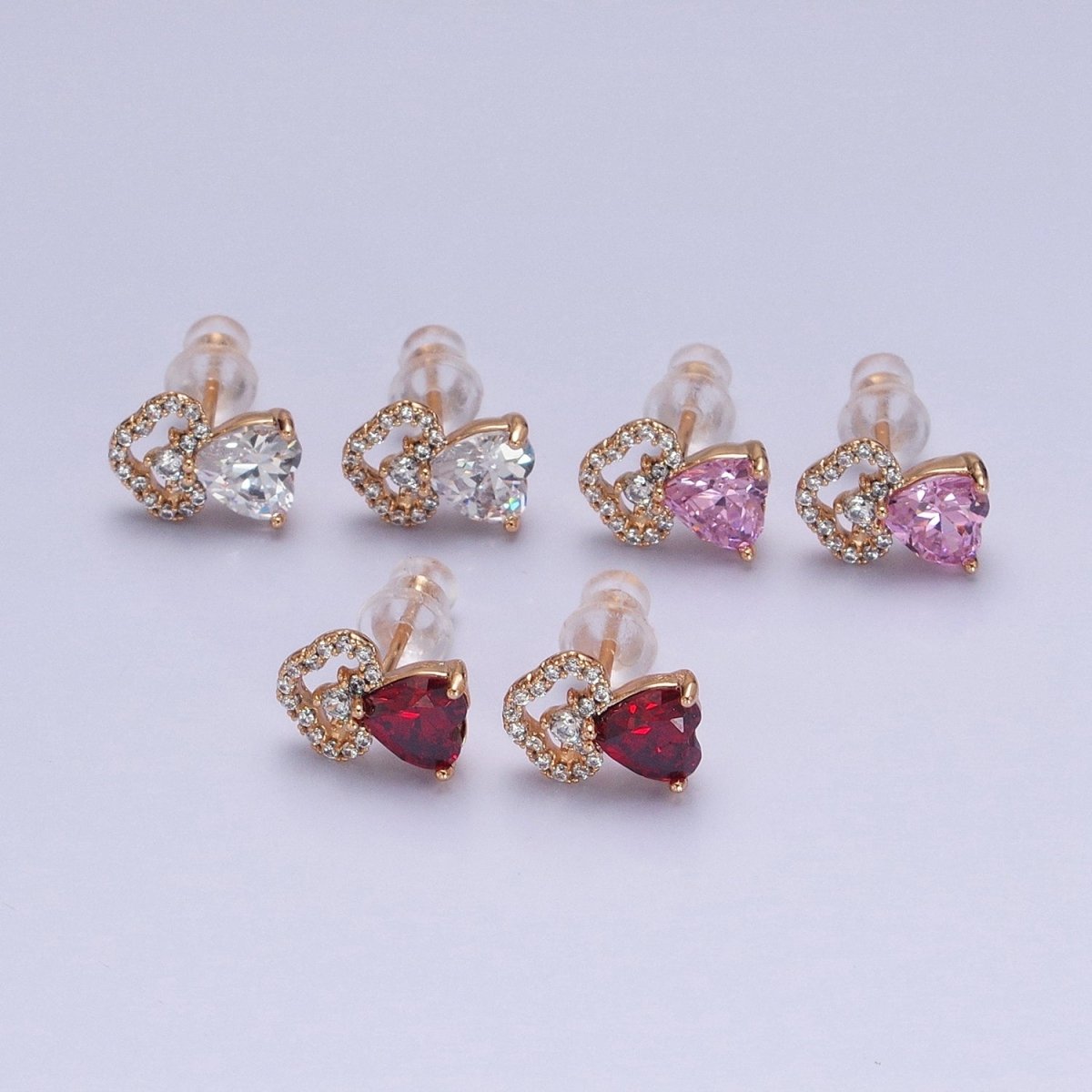 18K Gold Filled Clear, Heart, Red CZ Cloudy Stud Earrings | AD1417 - AD1419