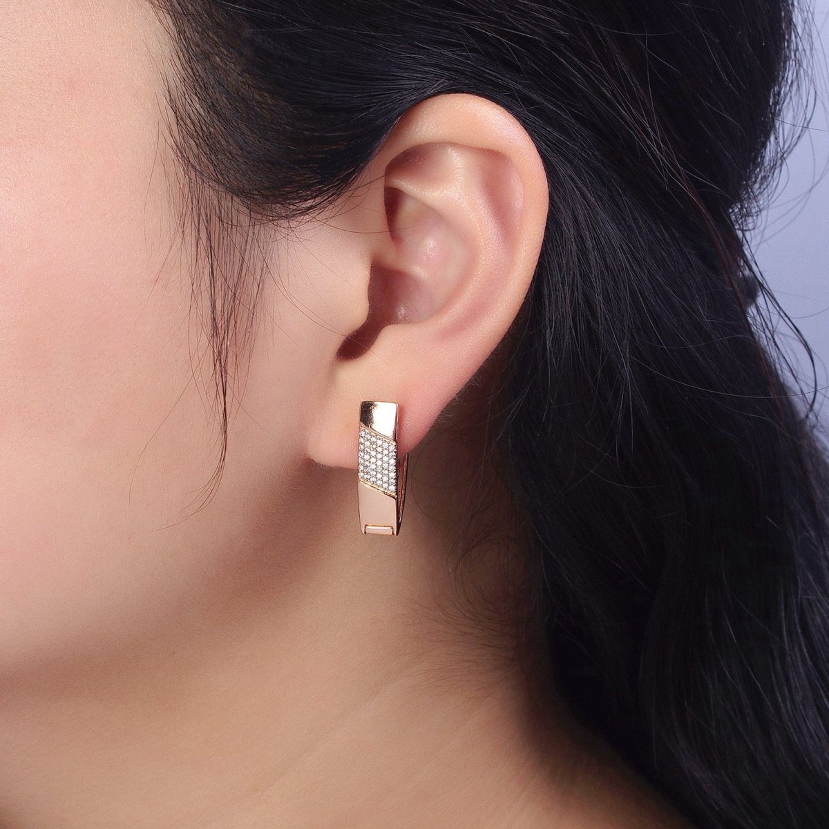 18K Gold Filled Clear Micro Paved CZ Wide Flat English Lock Earrings | AB276 - DLUXCA