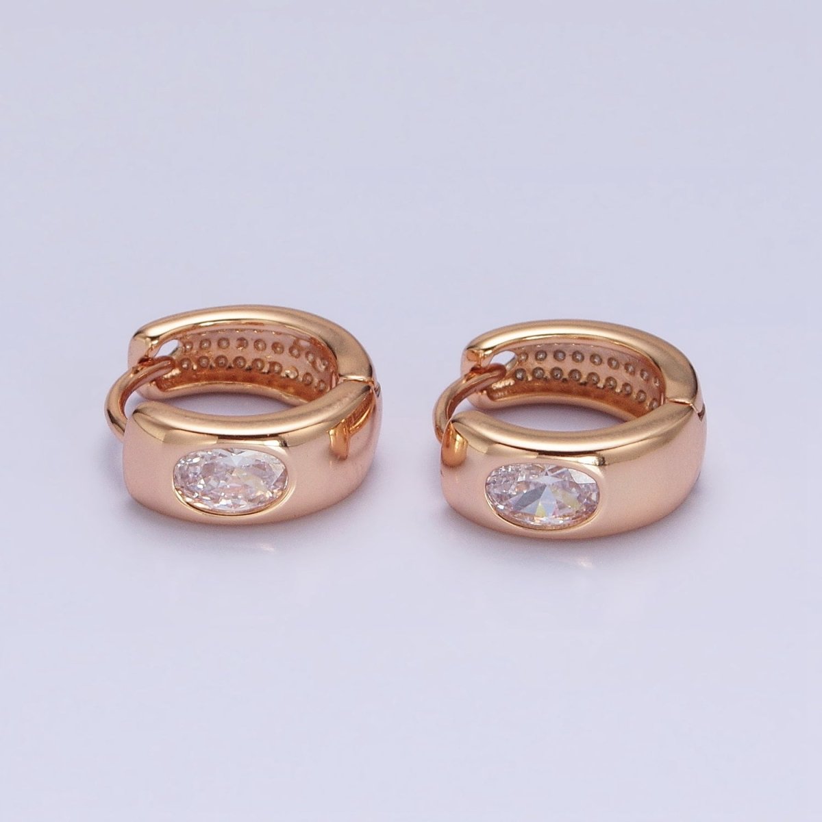 18K Gold Filled Clear Oval CZ Wide Huggie Earrings | AD1415 - DLUXCA