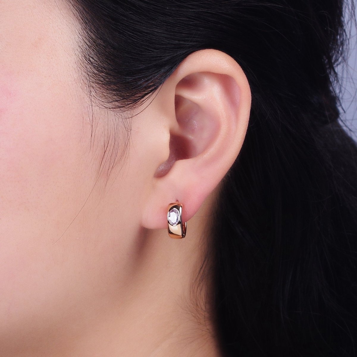 18K Gold Filled Clear Oval CZ Wide Huggie Earrings | AD1415 - DLUXCA