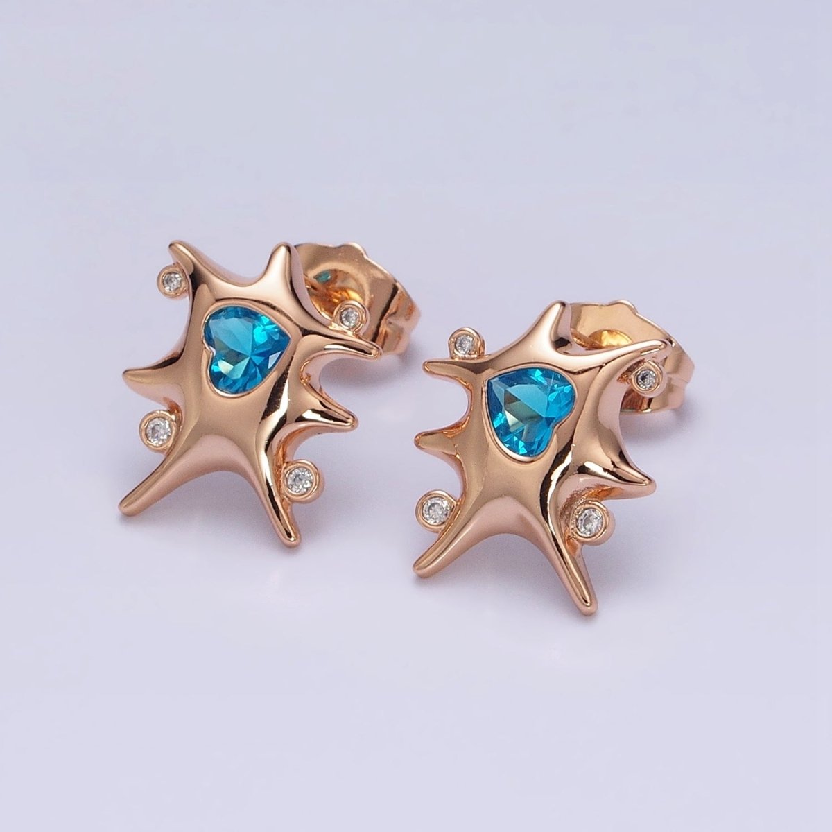 18K Gold Filled Clear, Red, Green, Pink, Blue Heart CZ Splat Rounded CZ Stud Earrings | AD1391 - AD1395