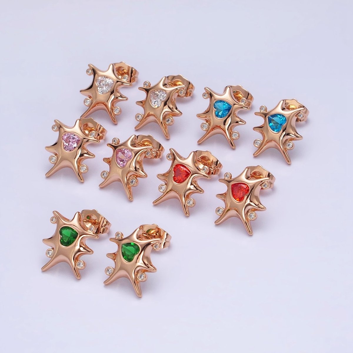 18K Gold Filled Clear, Red, Green, Pink, Blue Heart CZ Splat Rounded CZ Stud Earrings | AD1391 - AD1395