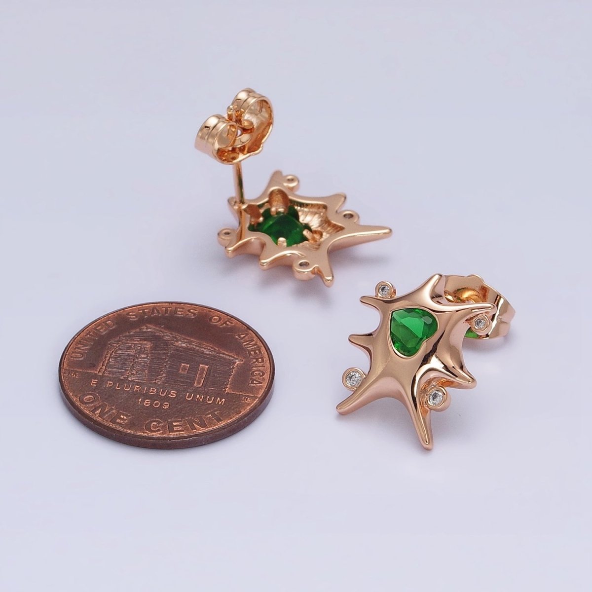 18K Gold Filled Clear, Red, Green, Pink, Blue Heart CZ Splat Rounded CZ Stud Earrings | AD1391 - AD1395