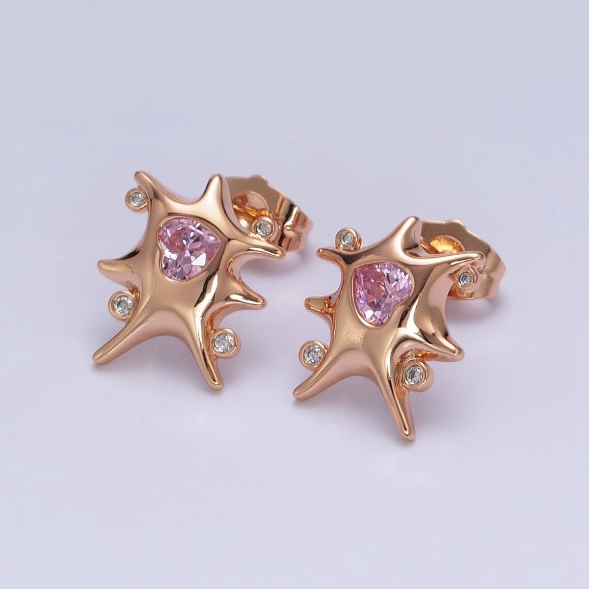 18K Gold Filled Clear, Red, Green, Pink, Blue Heart CZ Splat Rounded CZ Stud Earrings | AD1391 - AD1395