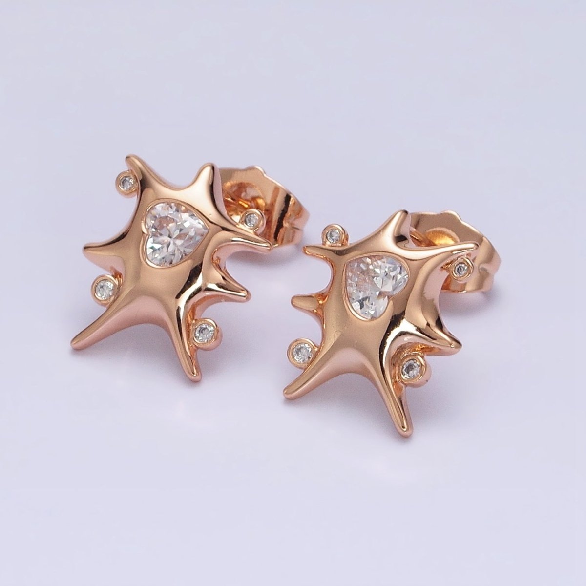 18K Gold Filled Clear, Red, Green, Pink, Blue Heart CZ Splat Rounded CZ Stud Earrings | AD1391 - AD1395