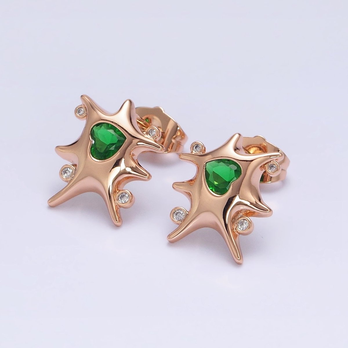 18K Gold Filled Clear, Red, Green, Pink, Blue Heart CZ Splat Rounded CZ Stud Earrings | AD1391 - AD1395