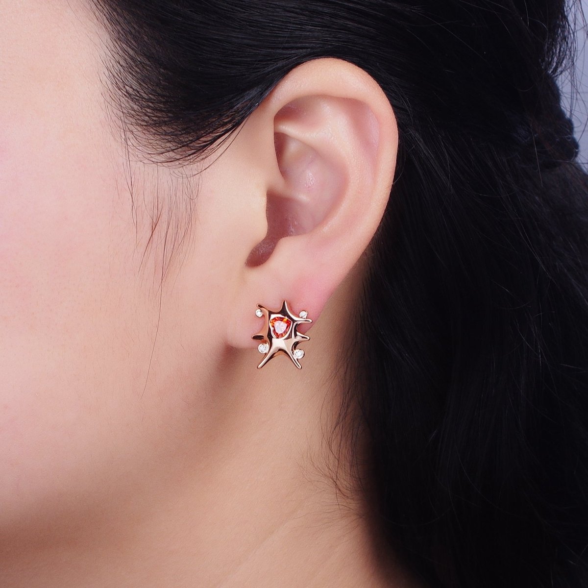 18K Gold Filled Clear, Red, Green, Pink, Blue Heart CZ Splat Rounded CZ Stud Earrings | AD1391 - AD1395