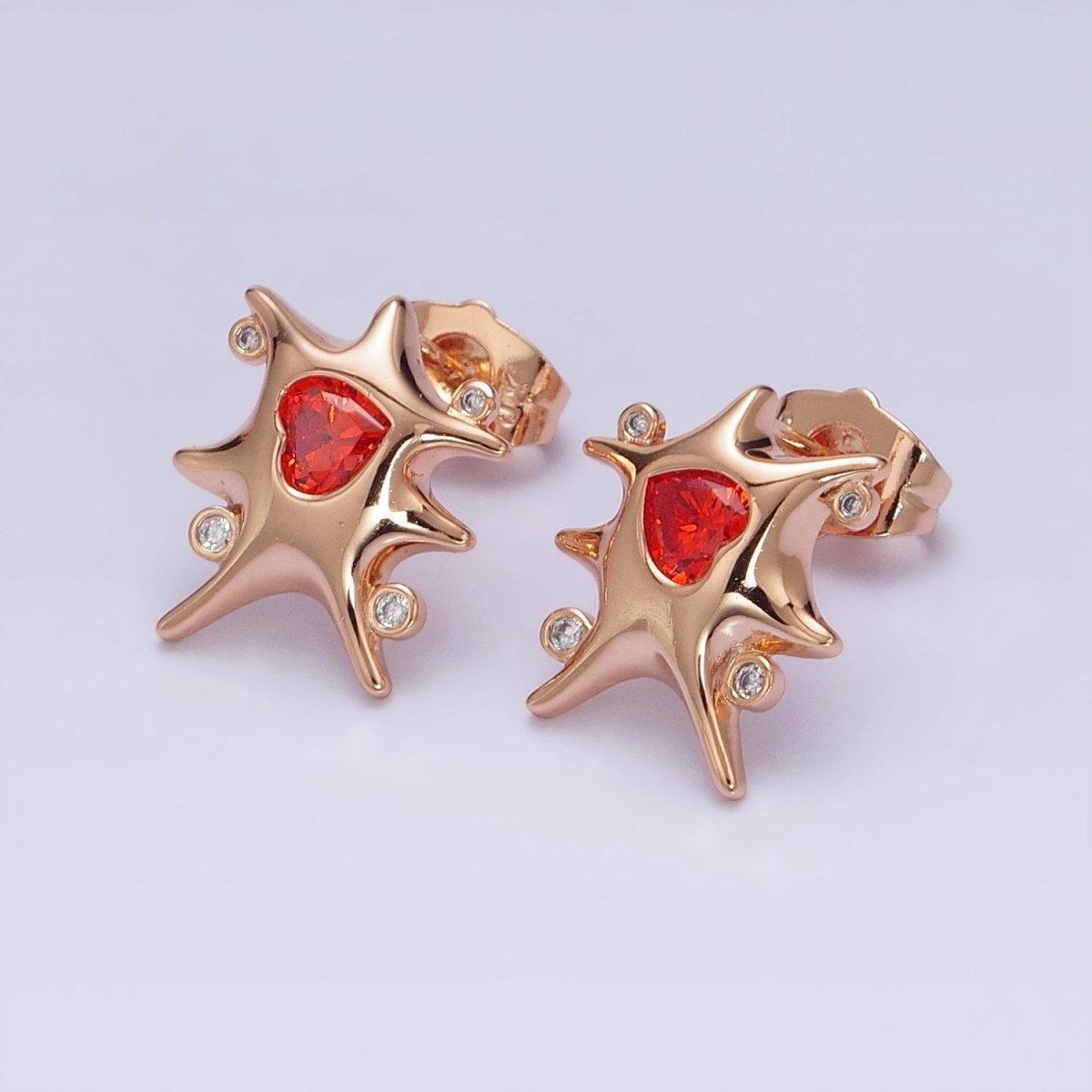 18K Gold Filled Clear, Red, Green, Pink, Blue Heart CZ Splat Rounded CZ Stud Earrings | AD1391 - AD1395