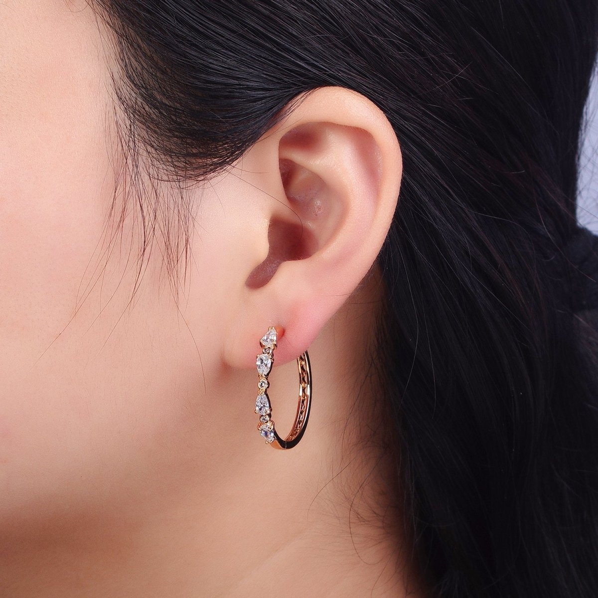 18K Gold Filled Clear Teardrop Round CZ Lined 27mm Endless Hoop Earrings | AB128 - DLUXCA