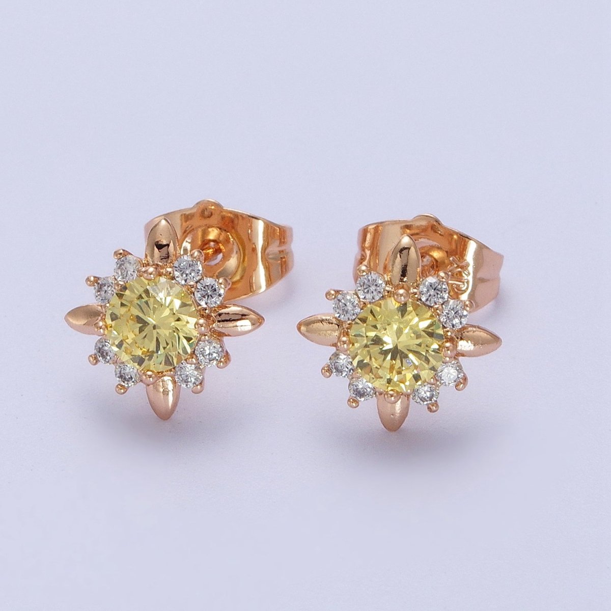 18K Gold Filled Clear, Yellow, Pink, Green CZ Celestial Sun Stud Earrings | AD-299~AD-302