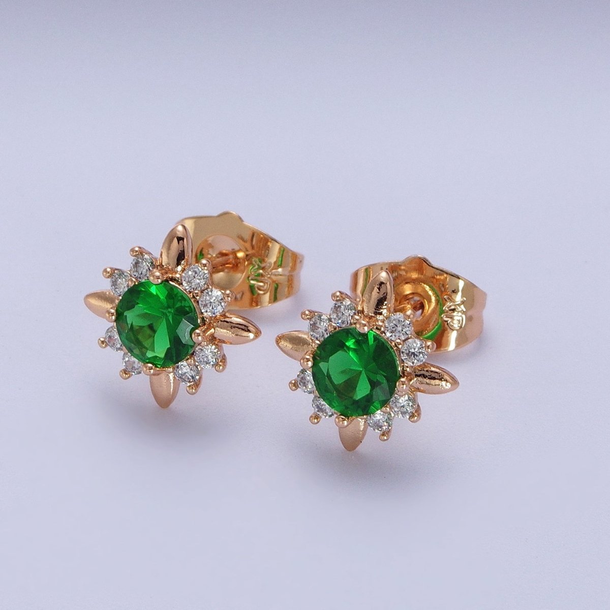 18K Gold Filled Clear, Yellow, Pink, Green CZ Celestial Sun Stud Earrings | AD-299~AD-302