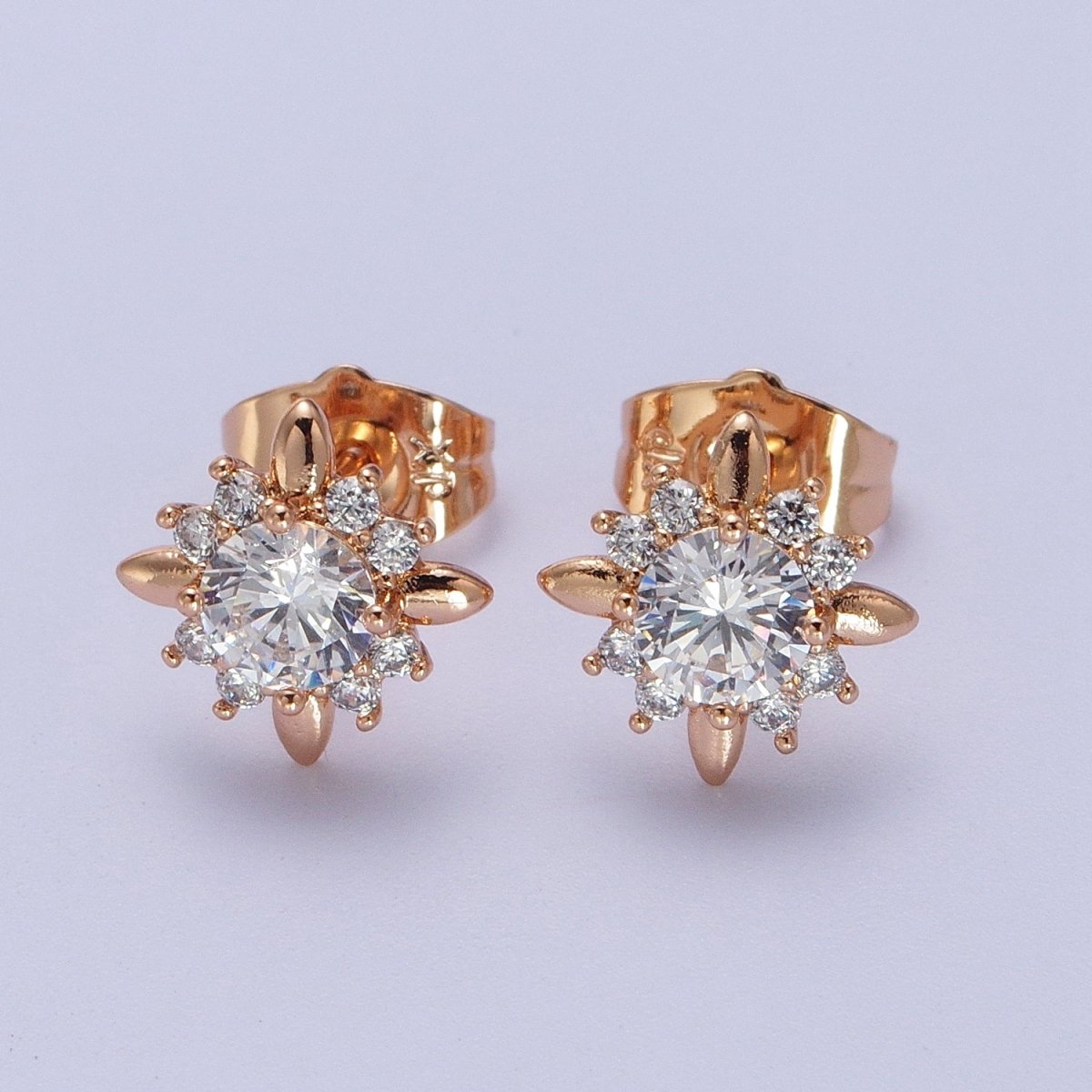 18K Gold Filled Clear, Yellow, Pink, Green CZ Celestial Sun Stud Earrings | AD-299~AD-302