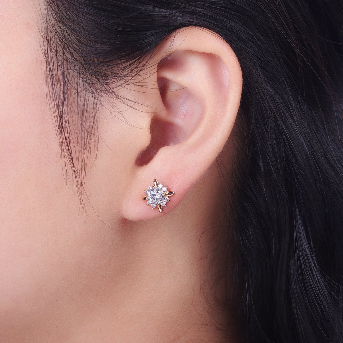 18K Gold Filled Clear, Yellow, Pink, Green CZ Celestial Sun Stud Earrings | AD-299~AD-302