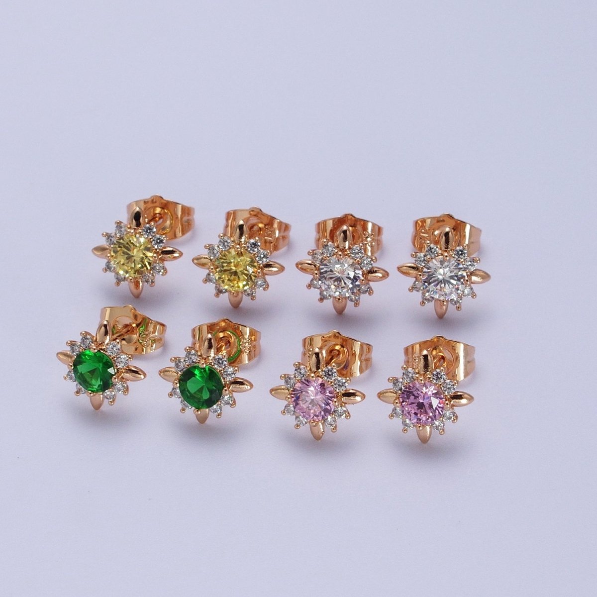 18K Gold Filled Clear, Yellow, Pink, Green CZ Celestial Sun Stud Earrings | AD-299~AD-302