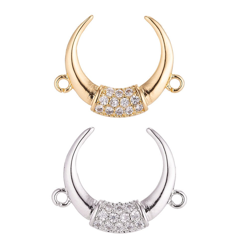 18K Gold Filled Crescent Moon, Ox Horn Bull Bone Cubic Zirconia Bracelet Charm Bead Finding Connector for Earring Jewelry MakingF-049