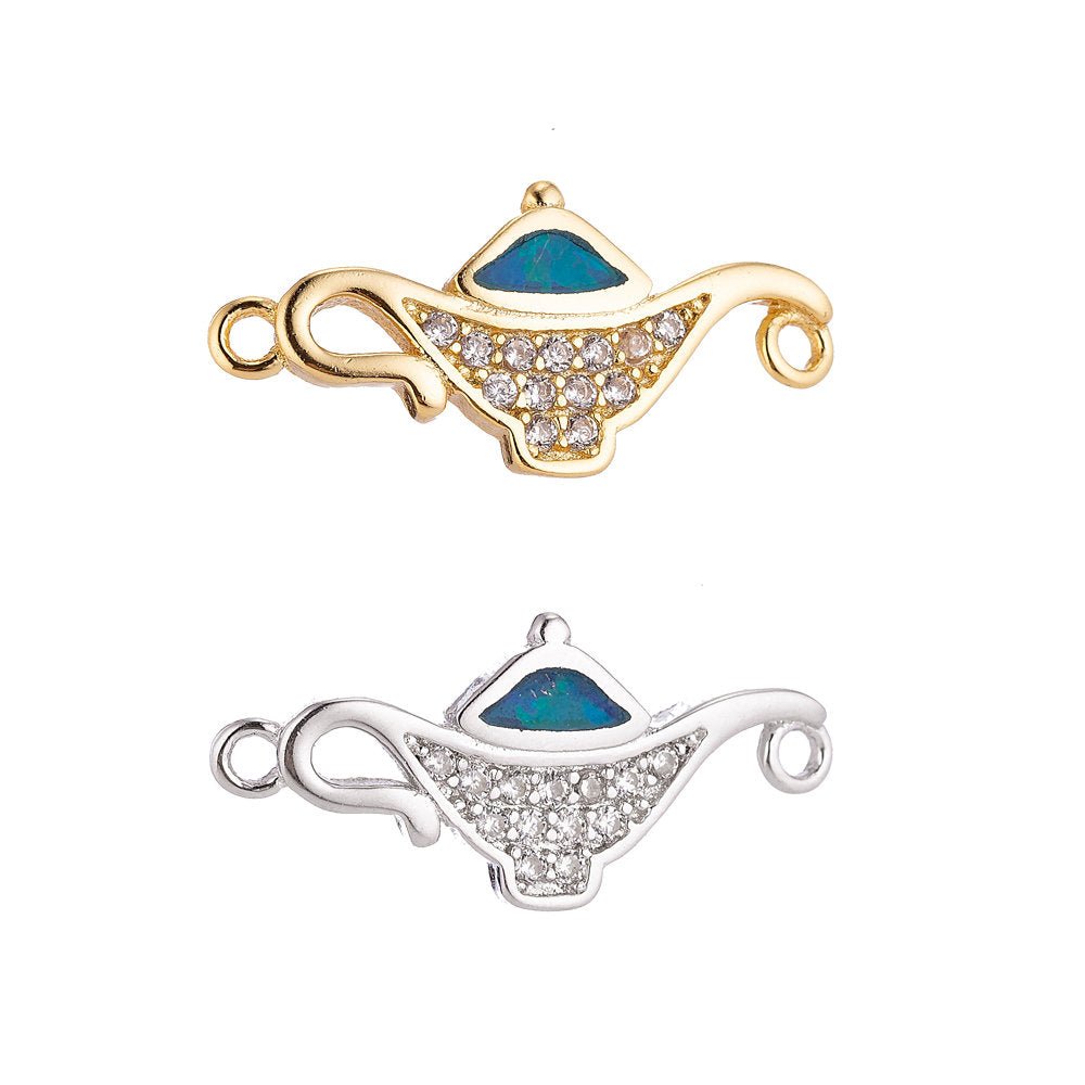 18K Gold Filled Cute Tiny Small Aladdin Magic Lamp Cubic Zirconia Bracelet Charm Bead Finding Connector for earring Jewelry Making, F-078