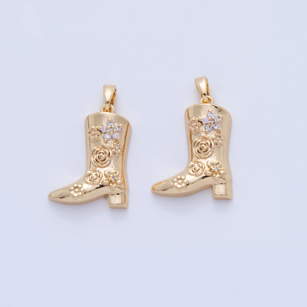 18K Gold Filled CZ Flower Western Cowboy Boots Pendant | AH740 - DLUXCA