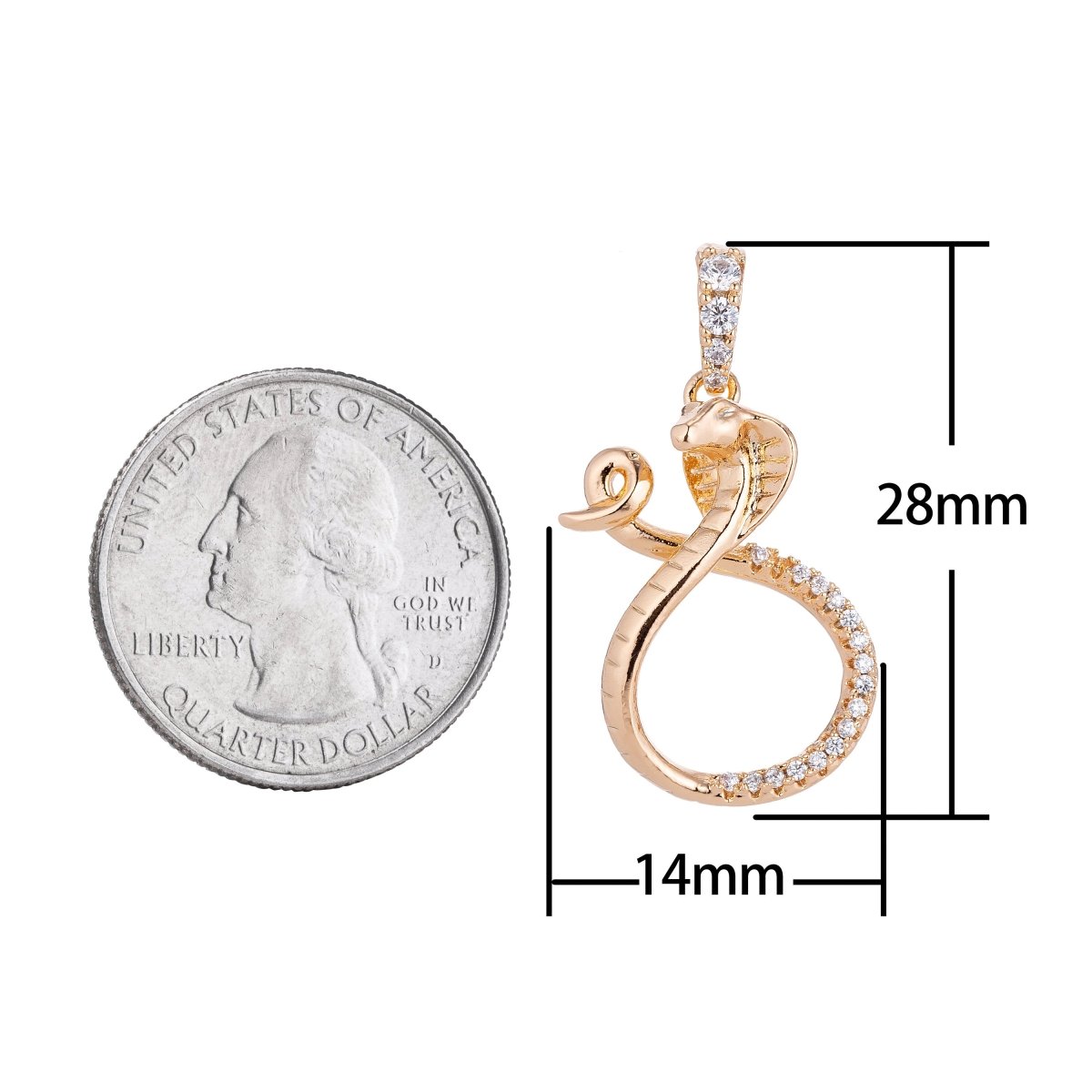 18k Gold Filled Dainty Charming Snake, Exotic Animal Lover, Cubic Zirconia  cobra charm Necklace Pendant Bails Findings for Jewelry Making I-130