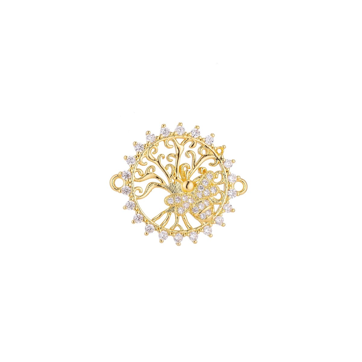 18K Gold Filled Dainty Unique Bee Medalion Cubic Zirconia Bracelet Charm Bead Finding Connector For Jewelry Making, F-019