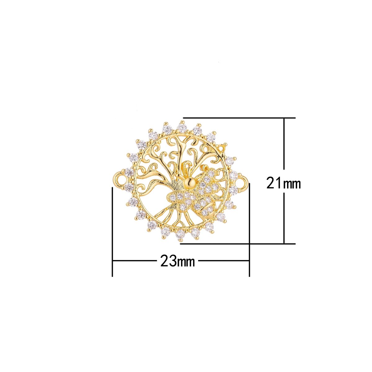 18K Gold Filled Dainty Unique Bee Medalion Cubic Zirconia Bracelet Charm Bead Finding Connector For Jewelry Making, F-019