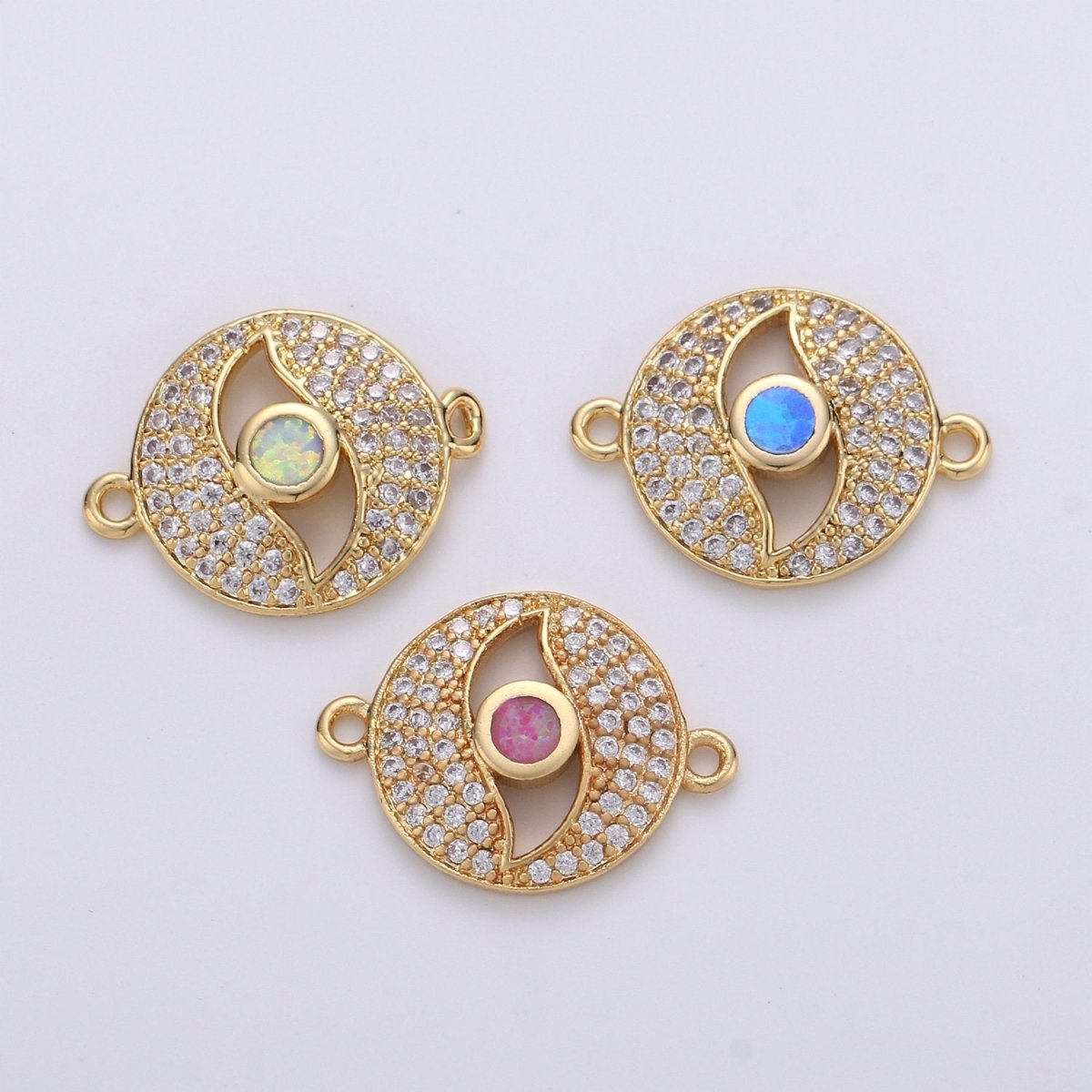 18K Gold Filled Elegant with Opal Evil Eye Medallion Cubic Zirconia Bracelet Charm Bead Finding Connector for earring Jewelry Making F-081 F-512 F-513