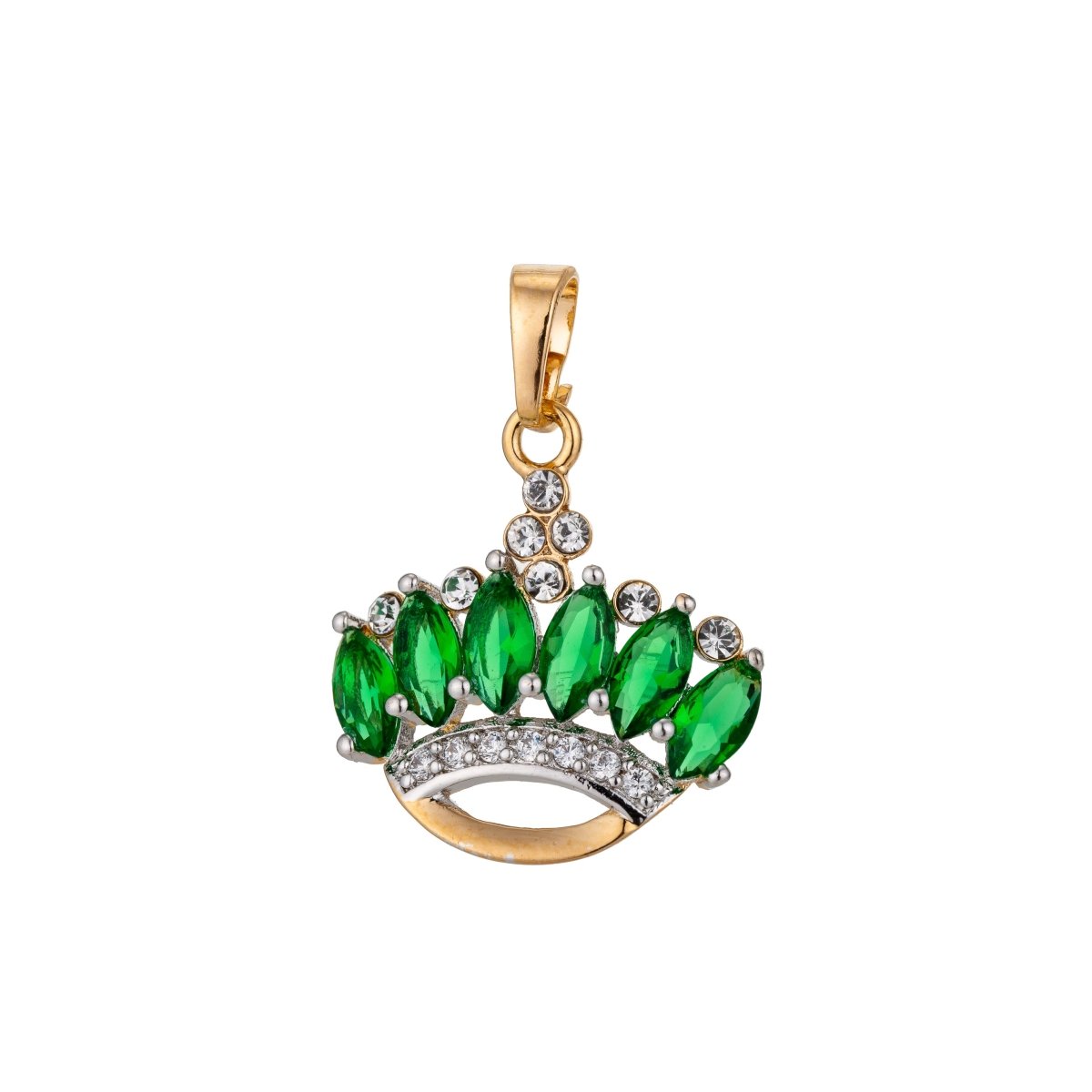 18k Gold filled Emerald Tiara, Queen Crown, Princess, Royal Headdress Cubic Zirconia Necklace Pendant Charm Bail Findings for Jewelry Making H-799