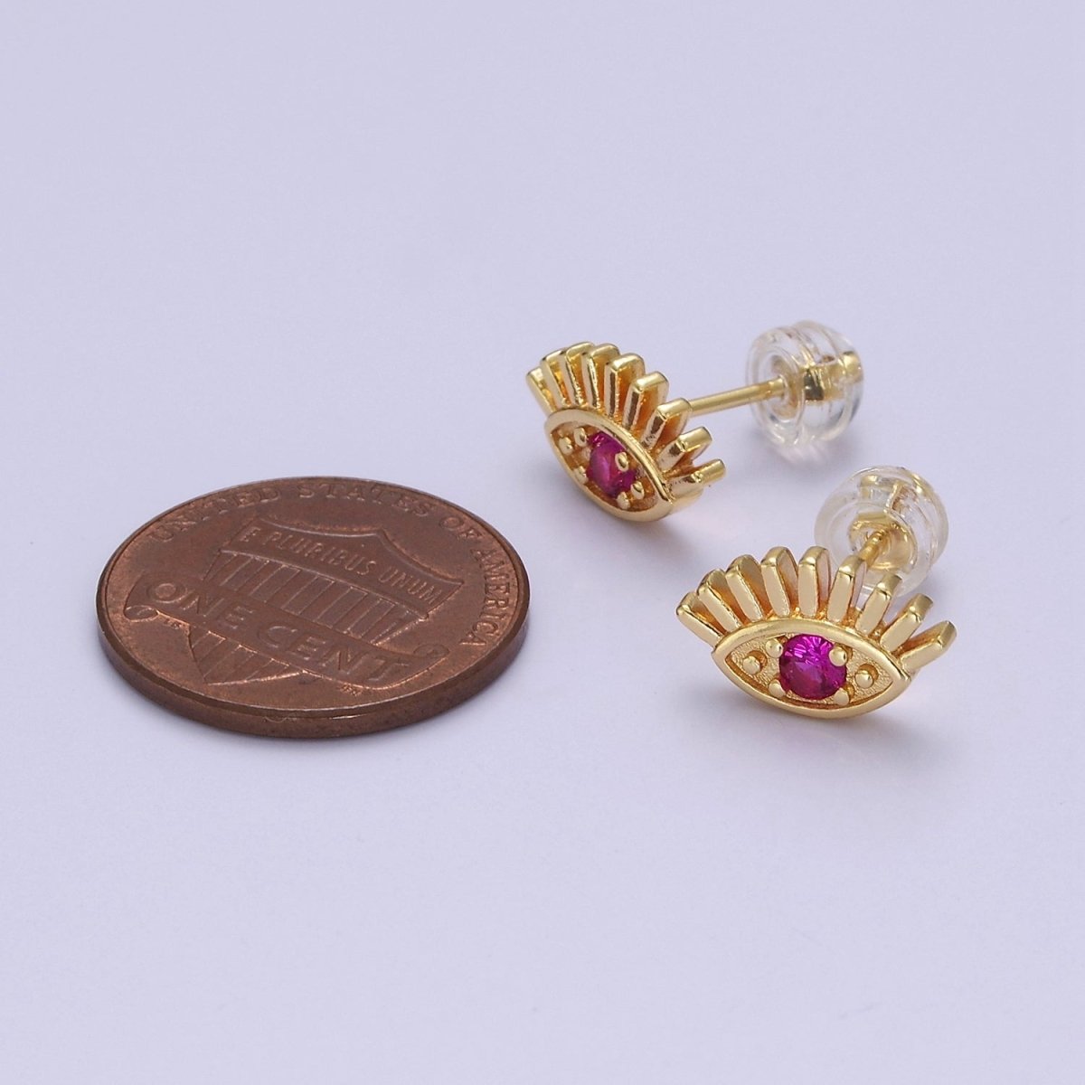 18K Gold Filled Evil Eye Fuchsia CZ Stud Earrings | V-125 - DLUXCA