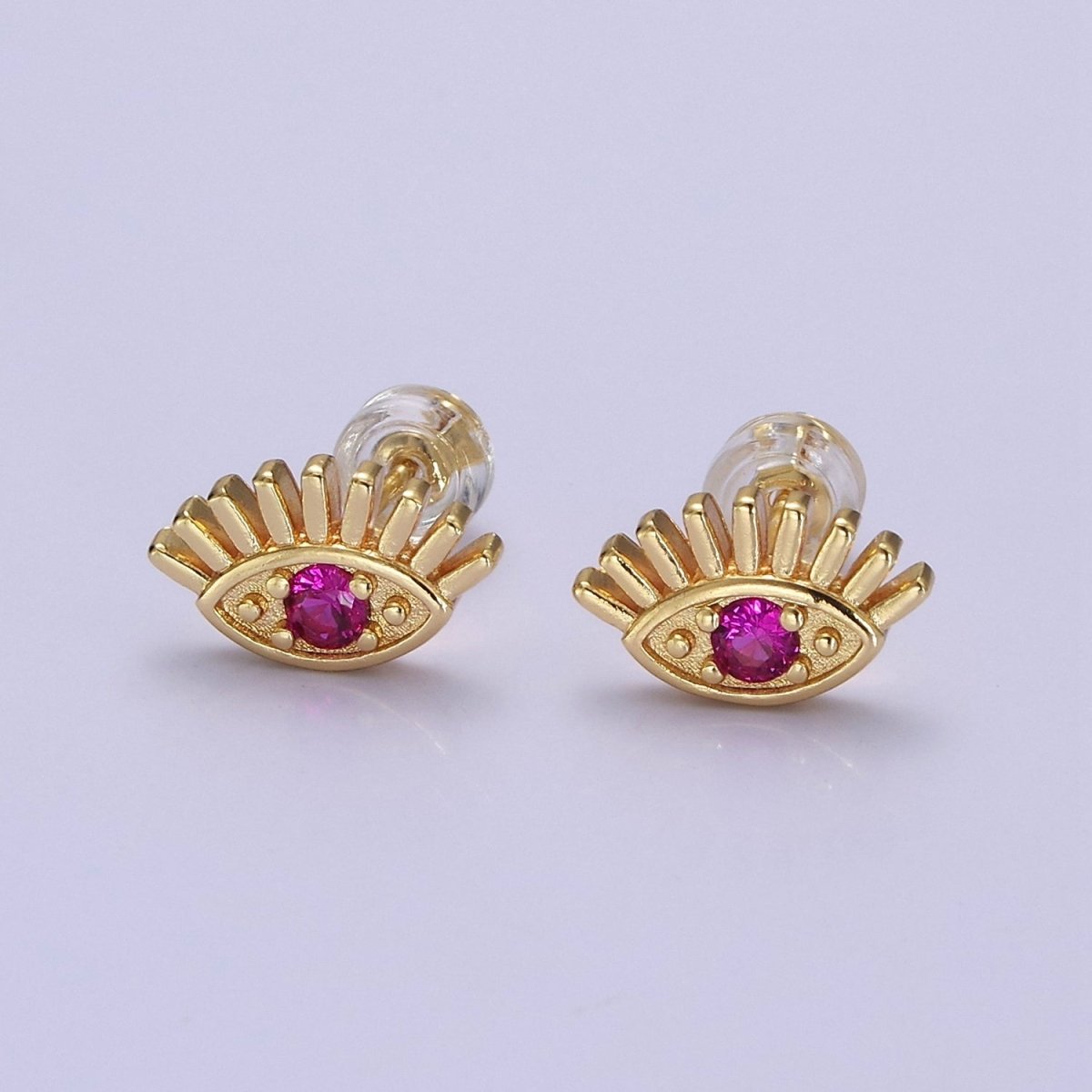 18K Gold Filled Evil Eye Fuchsia CZ Stud Earrings | V-125 - DLUXCA