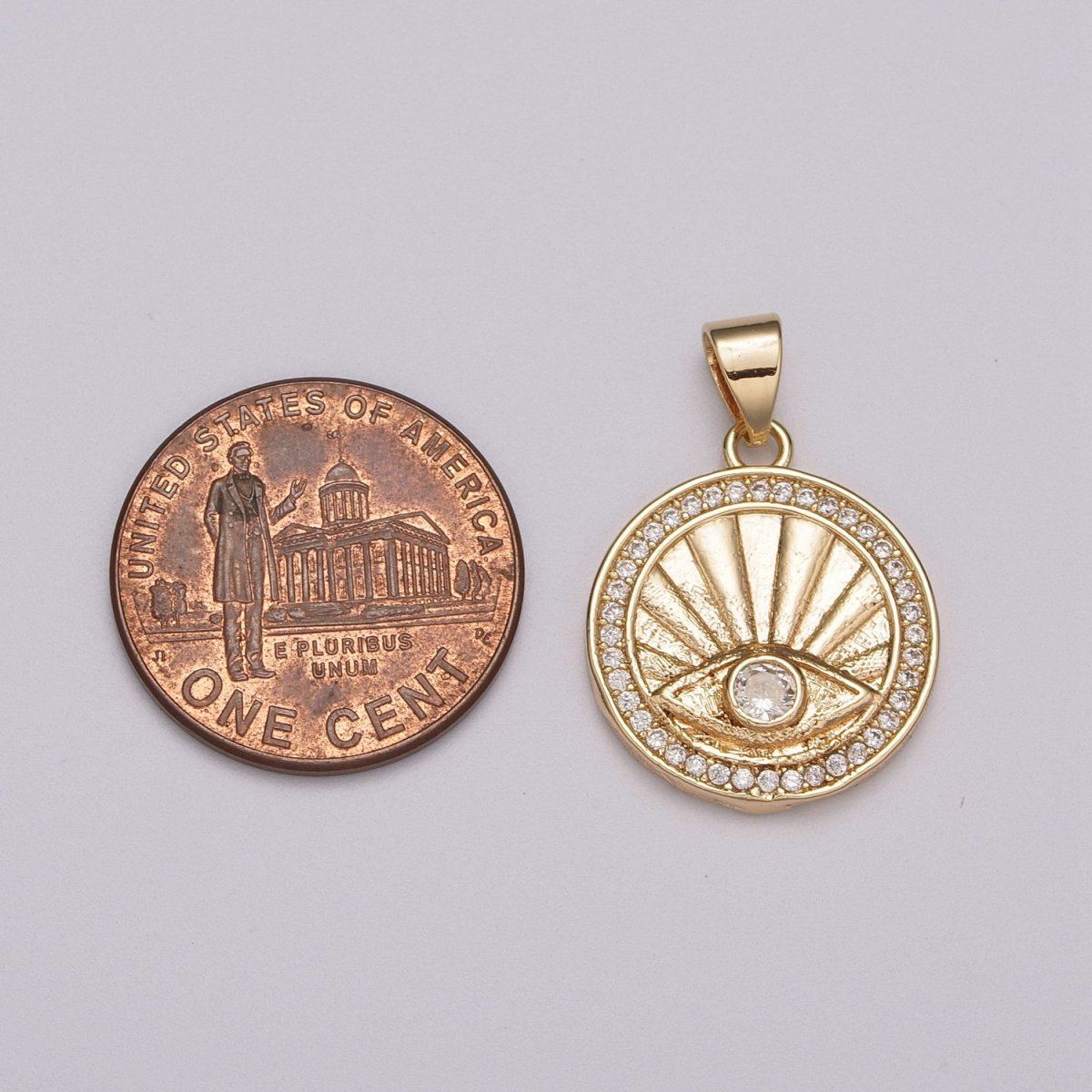 18K Gold Filled Evil Eye Pendant, Sunburst Evil Eye Necklace Medallion Pendant Necklace Micro Pave Sun Rays N-1404