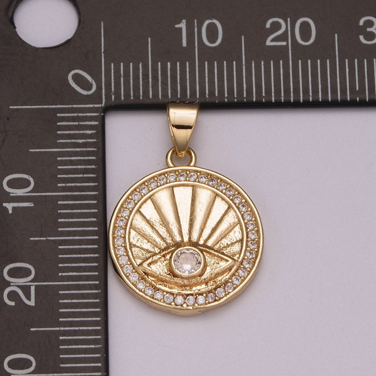 18K Gold Filled Evil Eye Pendant, Sunburst Evil Eye Necklace Medallion Pendant Necklace Micro Pave Sun Rays N-1404