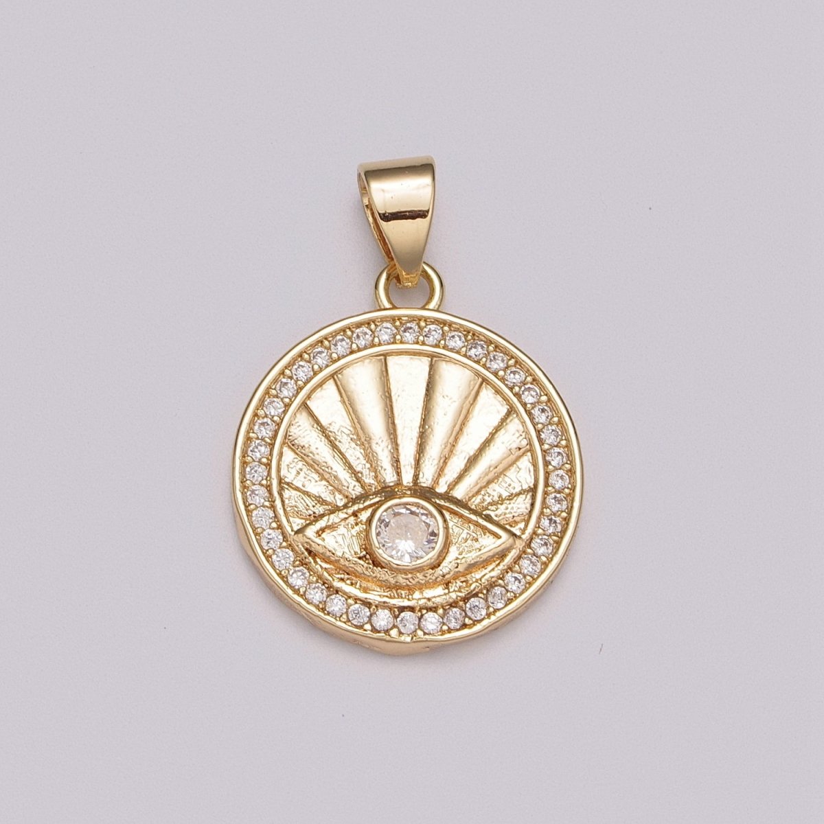 18K Gold Filled Evil Eye Pendant, Sunburst Evil Eye Necklace Medallion Pendant Necklace Micro Pave Sun Rays N-1404