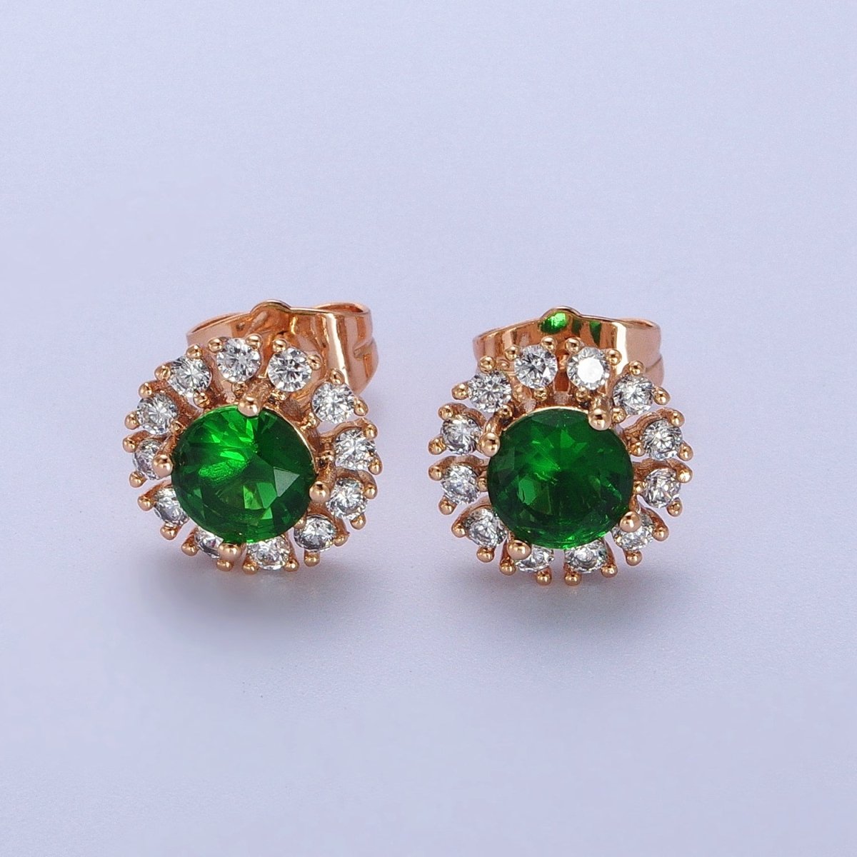 18K Gold Filled Green, Clear CZ 10.8mm Round Stud Earrings | V-003 AD-298