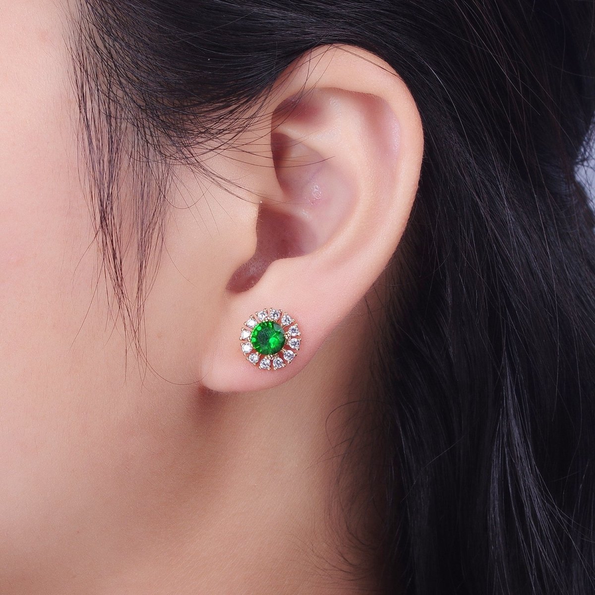 18K Gold Filled Green, Clear CZ 10.8mm Round Stud Earrings | V-003 AD-298