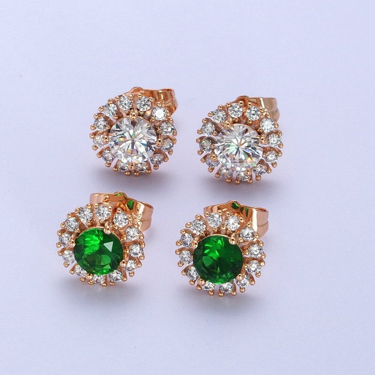 18K Gold Filled Green, Clear CZ 10.8mm Round Stud Earrings | V-003 AD-298