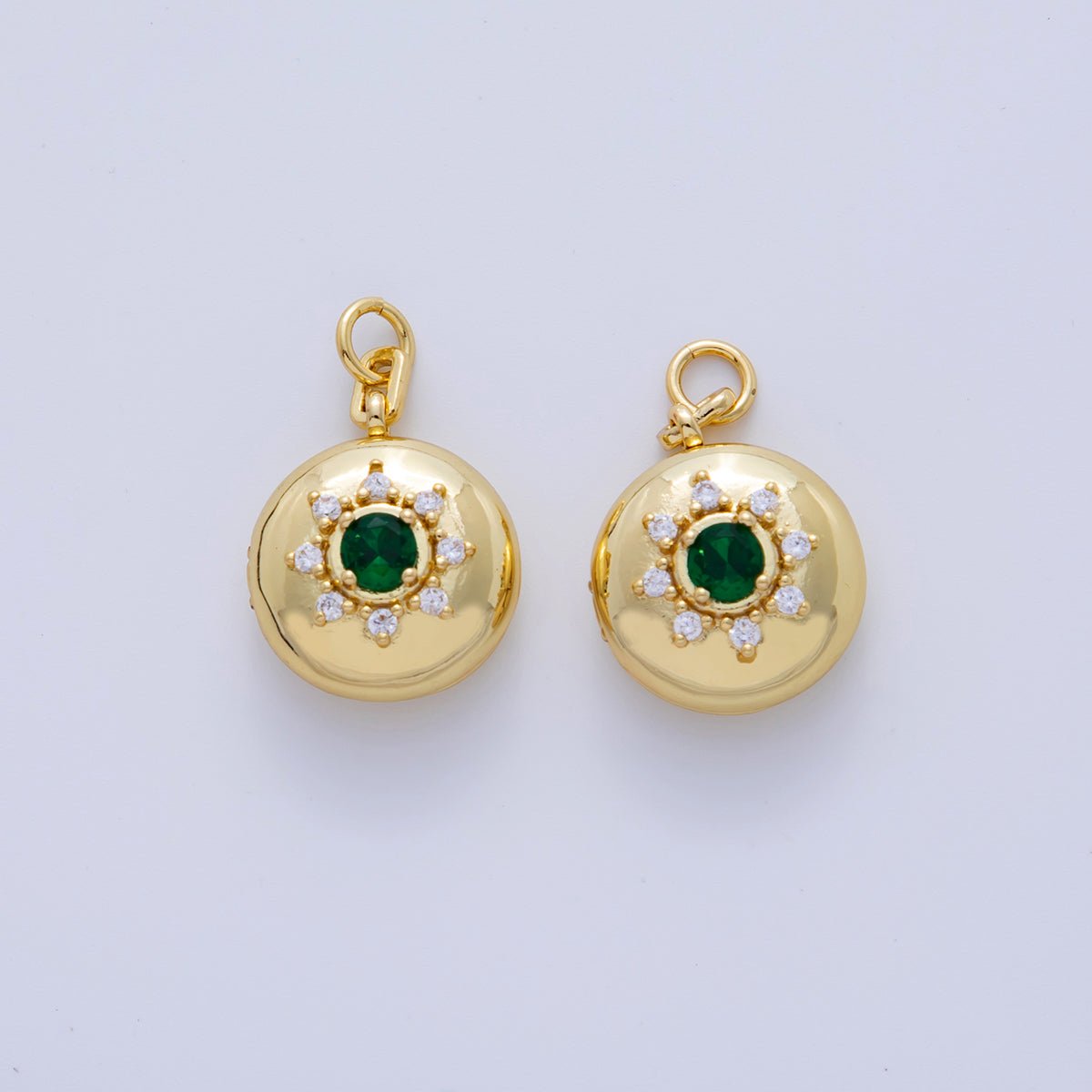 18K Gold Filled Green CZ Celestial Sun Round Locket Charm | AF312 - DLUXCA