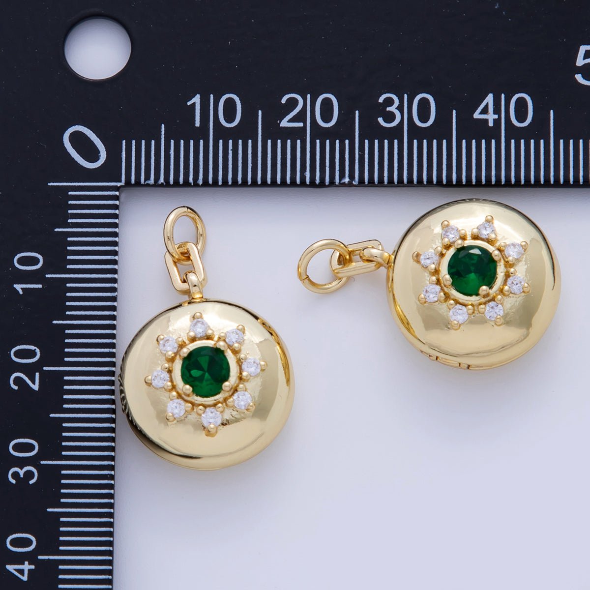 18K Gold Filled Green CZ Celestial Sun Round Locket Charm | AF312 - DLUXCA